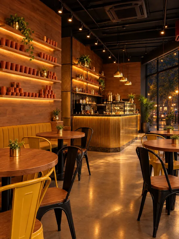 Tea cafe interior at night