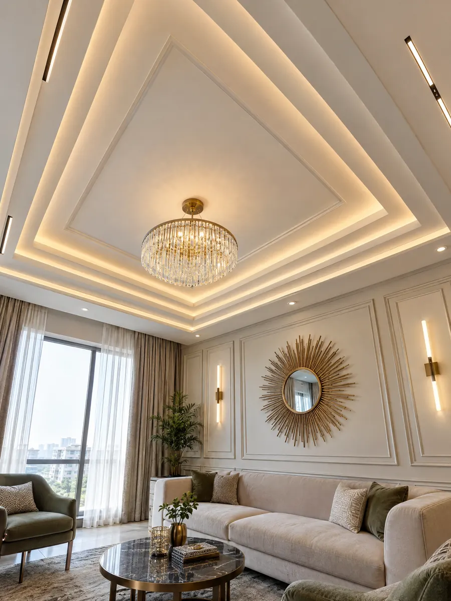Layered false ceiling with chandelier and cove lights
