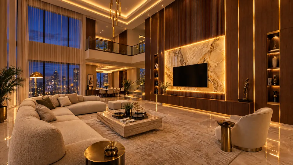 Same living room at night with lights on