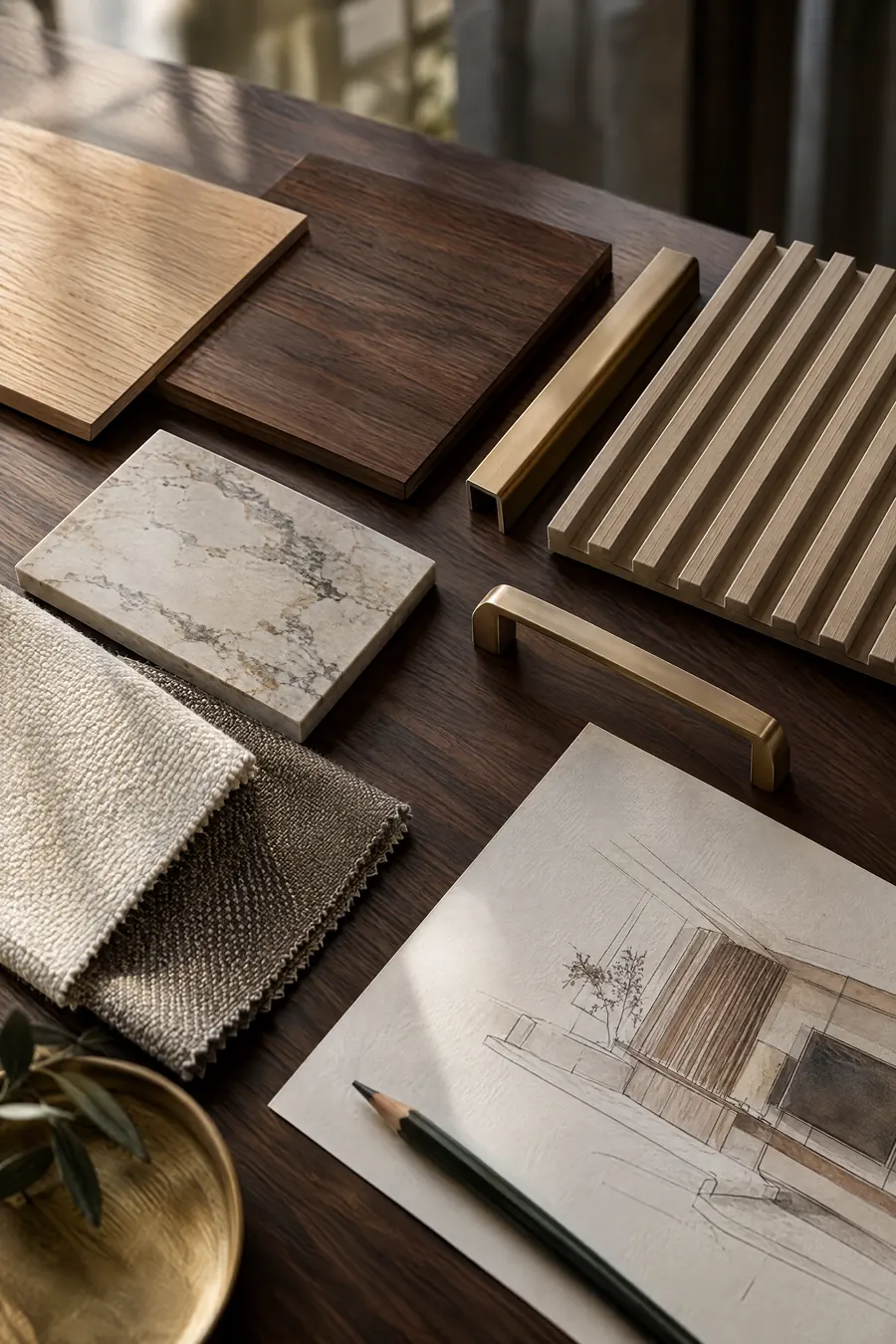 Interior material samples: veneers, quartz, brass and fabrics