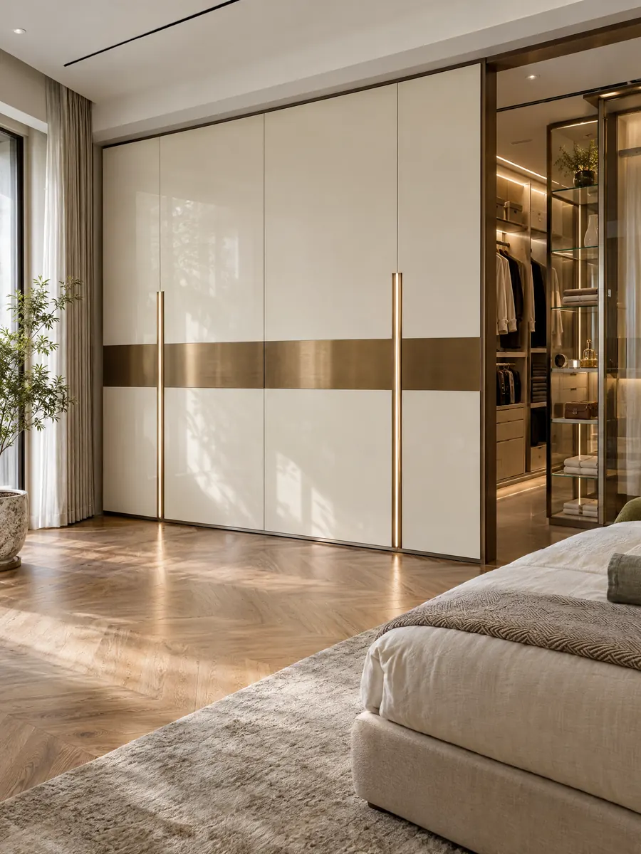 Sliding wardrobe with bronze band and LED handles